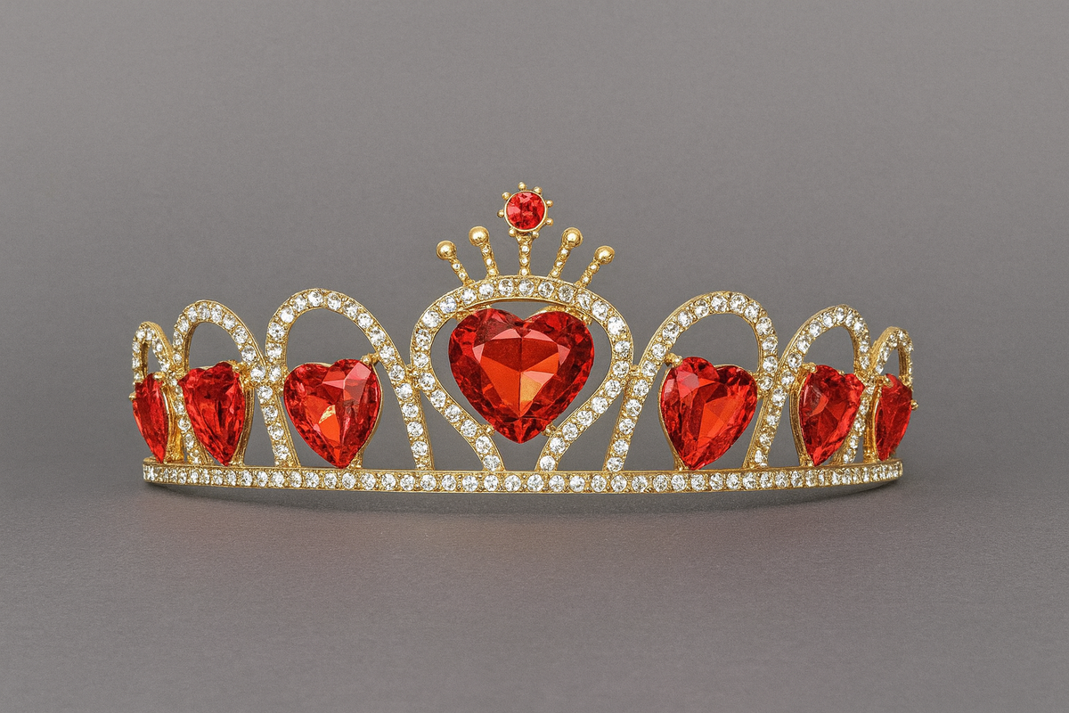 Couronne Dorée avec Pierres en Forme de Cœur Rouges