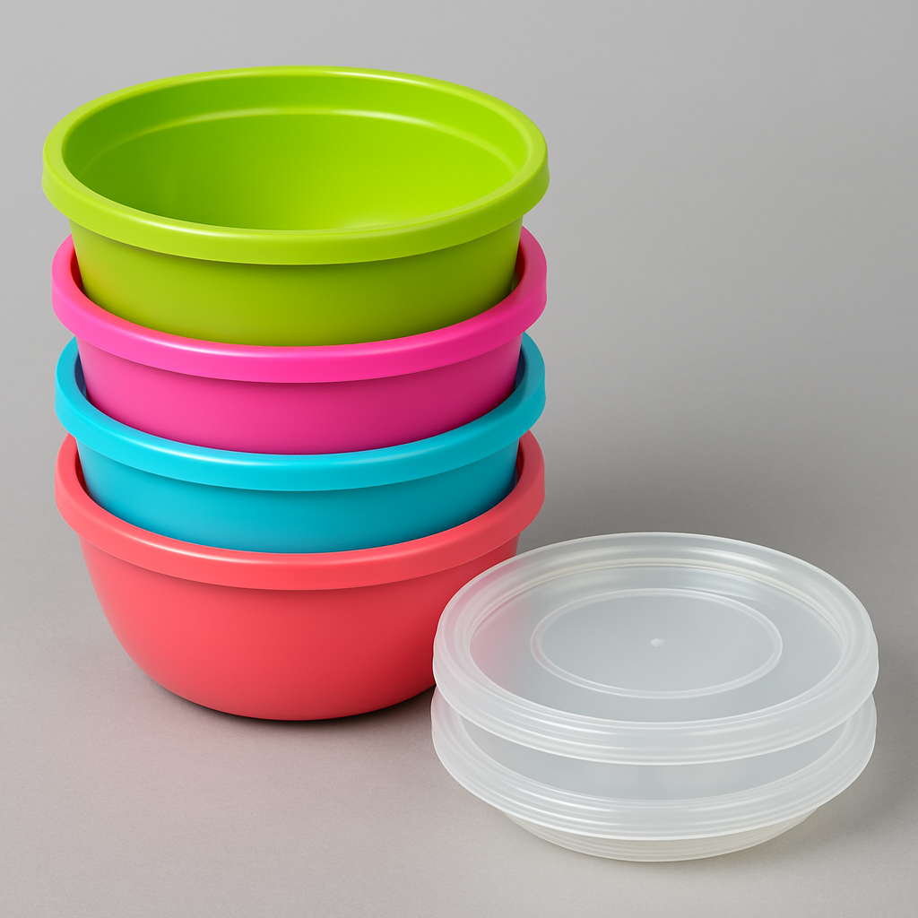 Lot de 4 Bols Plastiques avec Couvercles – Multicolores – Réutilisables