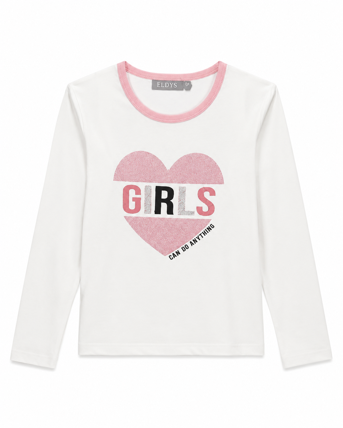 T-shirt Fille Blanc à Manches Longues Motif Cœur Rose