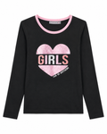 T-shirt Fille Noir à Manches Longues Motif Cœur Rose