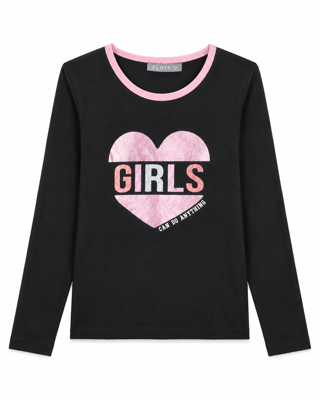 T-shirt Fille Noir à Manches Longues Motif Cœur Rose