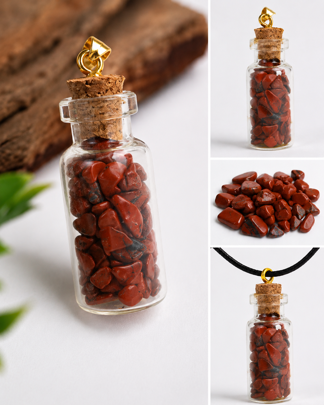 Pendentif Flacon en Verre avec Pierres de Jaspe Rouge Naturelles