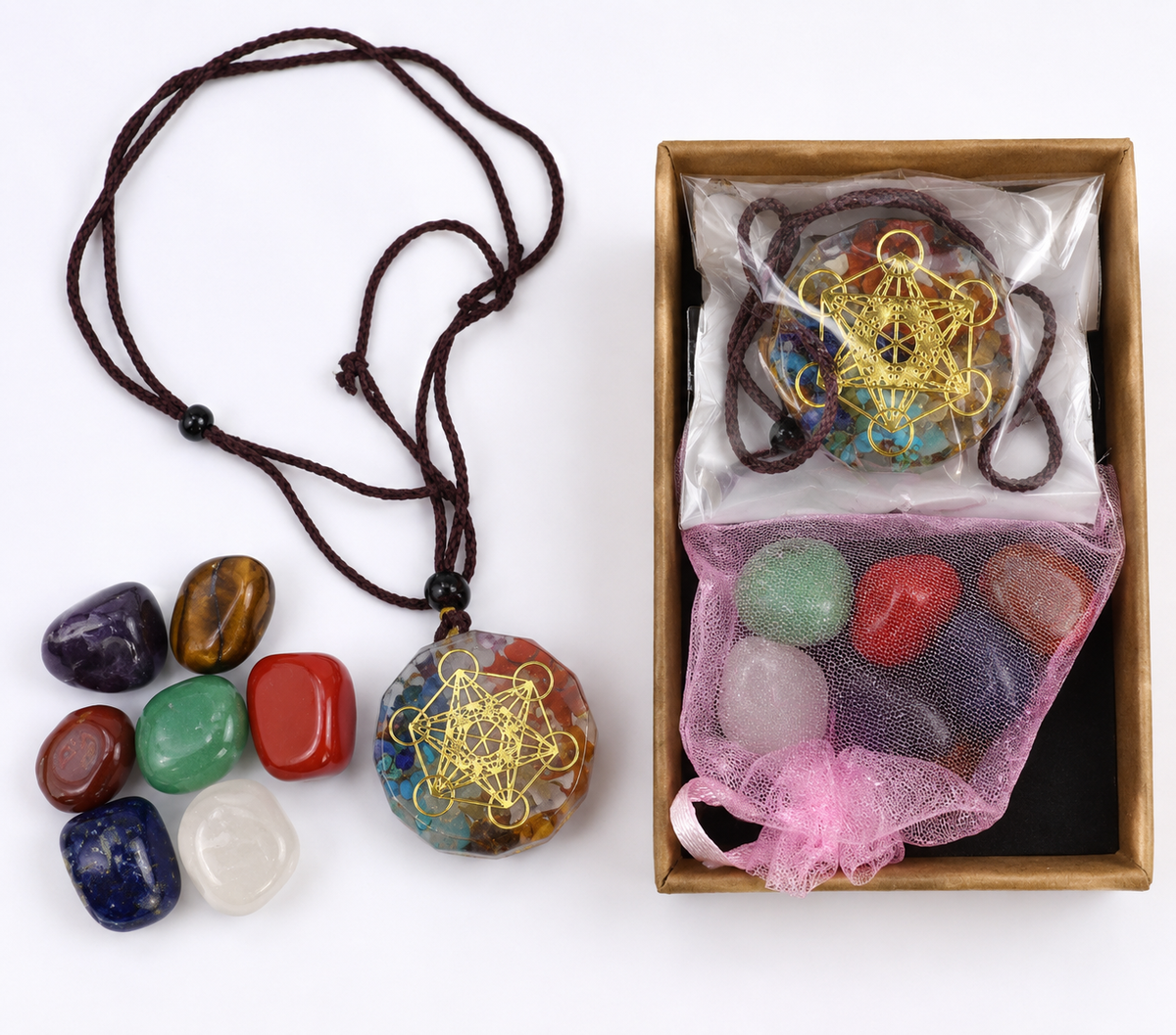Collier Pendentif Orgonite avec Pierres Naturelles – Coffret Complet
