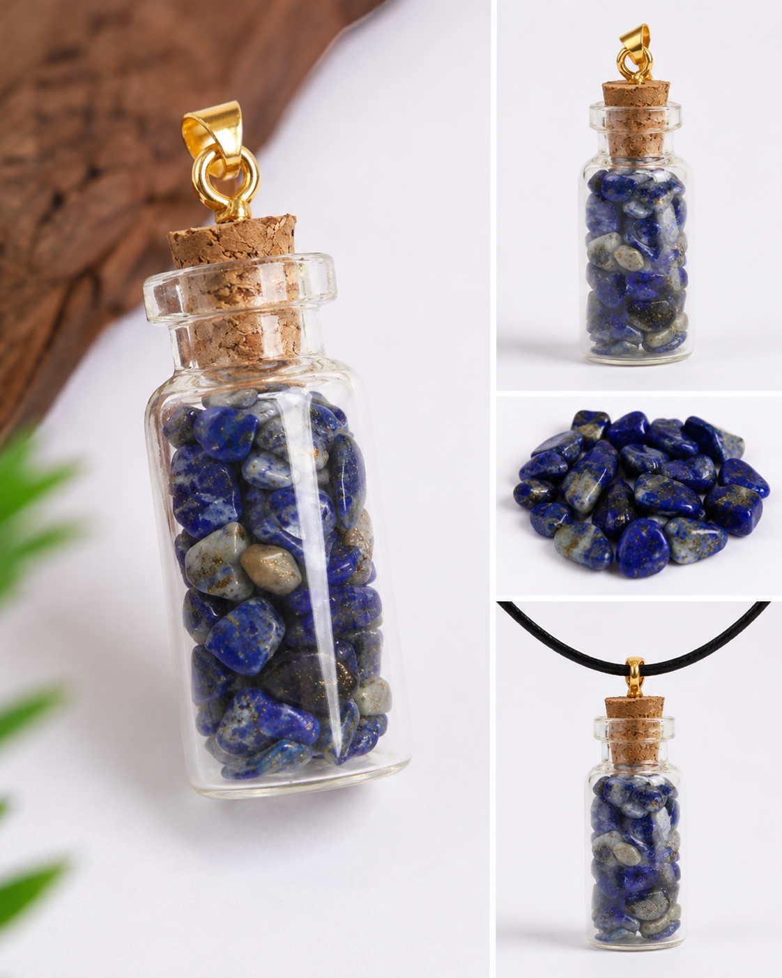 Pendentif Flacon en Verre avec Pierres de Lapis-Lazuli Naturelles