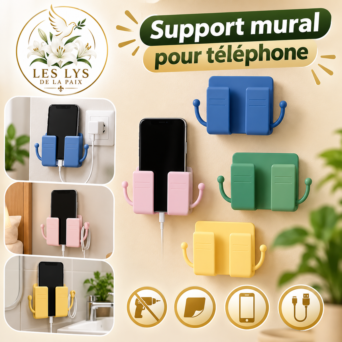 Lot De 3 Supports Mural Adhésif Pour Téléphone Portable, Pour Chambre, Cuisine et Salle de Bain, Support De Charge Avec Croch